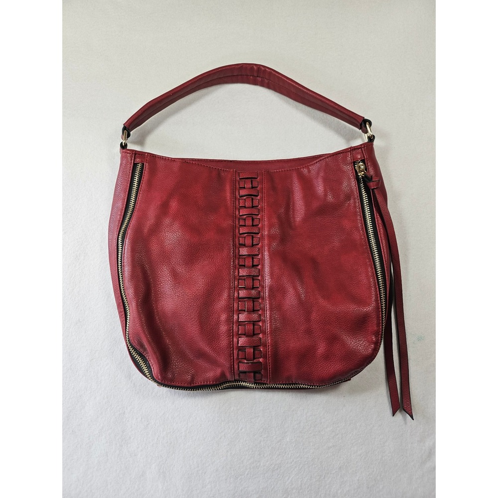 Red Pebbled Vegan Leather Hobo Bag Woven Detail Shoulder Purse Tassel Gold Zip